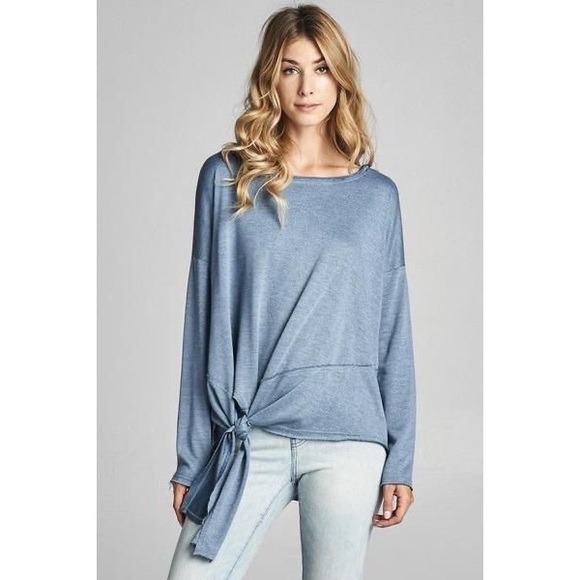 Cotton Bleu Tops - Oversized Drop Sleeve Side Tie Top Blue